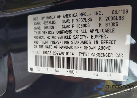 2009 Honda Accord 2.4 Lx-S z USA, uszkodzony, nr VIN 1HGCS12329A019114